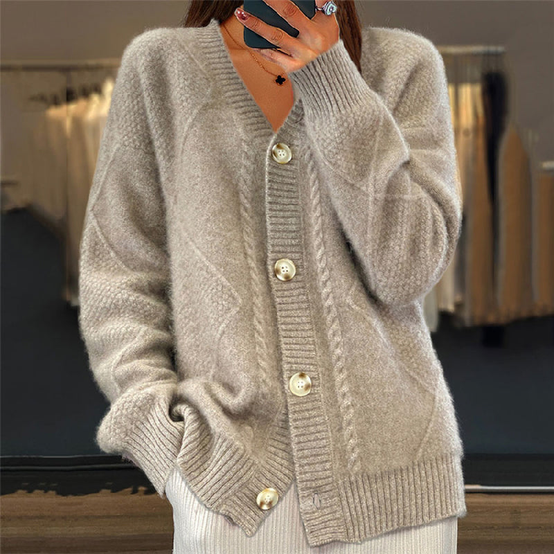 Damen V-Ausschnitt Strickjacke - Zopfstrick mit langen Ärmeln