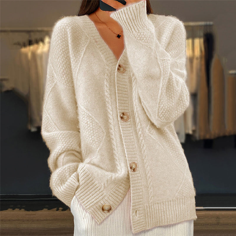 Damen V-Ausschnitt Strickjacke - Zopfstrick mit langen Ärmeln
