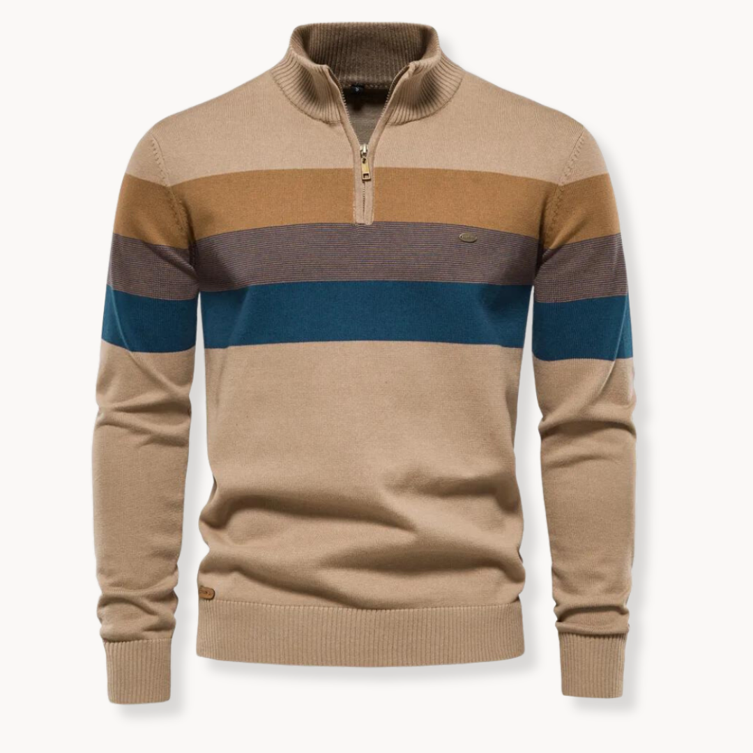 Herren Viertel-Reißverschluss Pullover – Gestreiftes Color Block mit Stehkragen