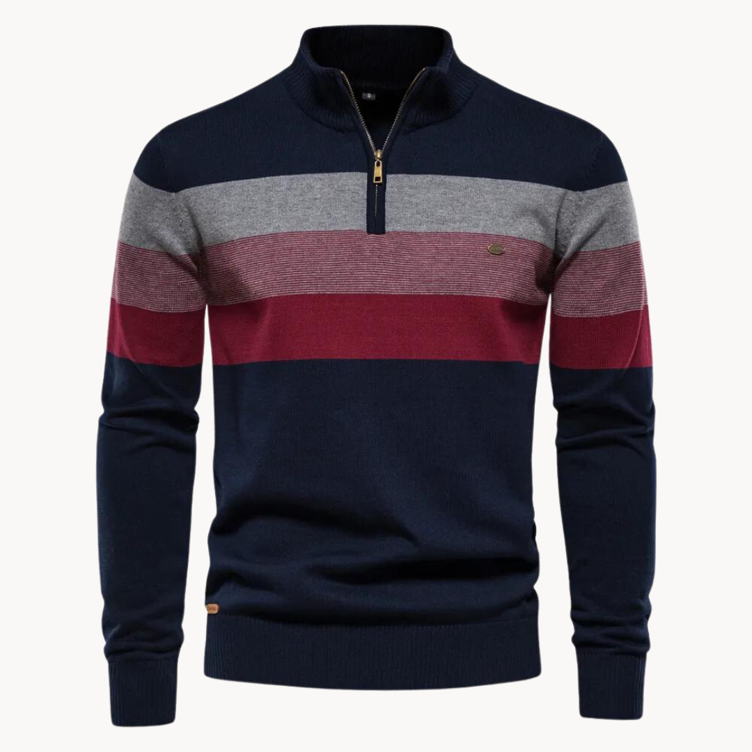 Herren Viertel-Reißverschluss Pullover – Gestreiftes Color Block mit Stehkragen
