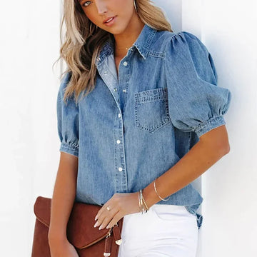 Damen Blaue Denim Bluse - Puffärmel Button-Down Oberteil