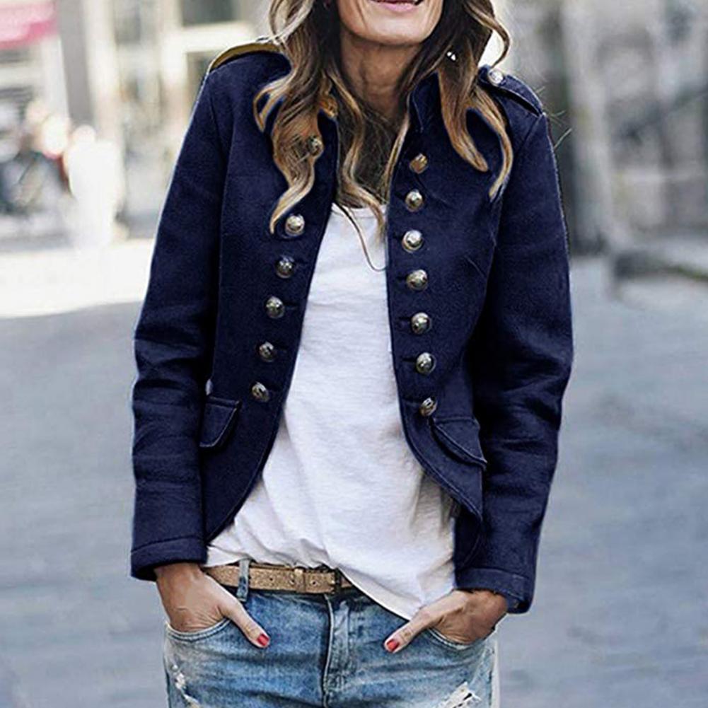 Women's military-style blazer jacket - decorative buttons with flap pockets