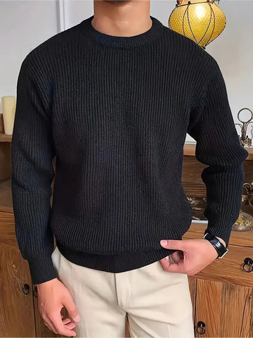 Herren Breit Gerippter Strickpullover – Weiche Textur & Rundhals