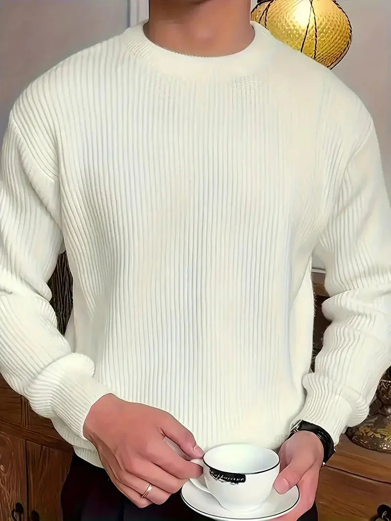 Herren Breit Gerippter Strickpullover – Weiche Textur & Rundhals