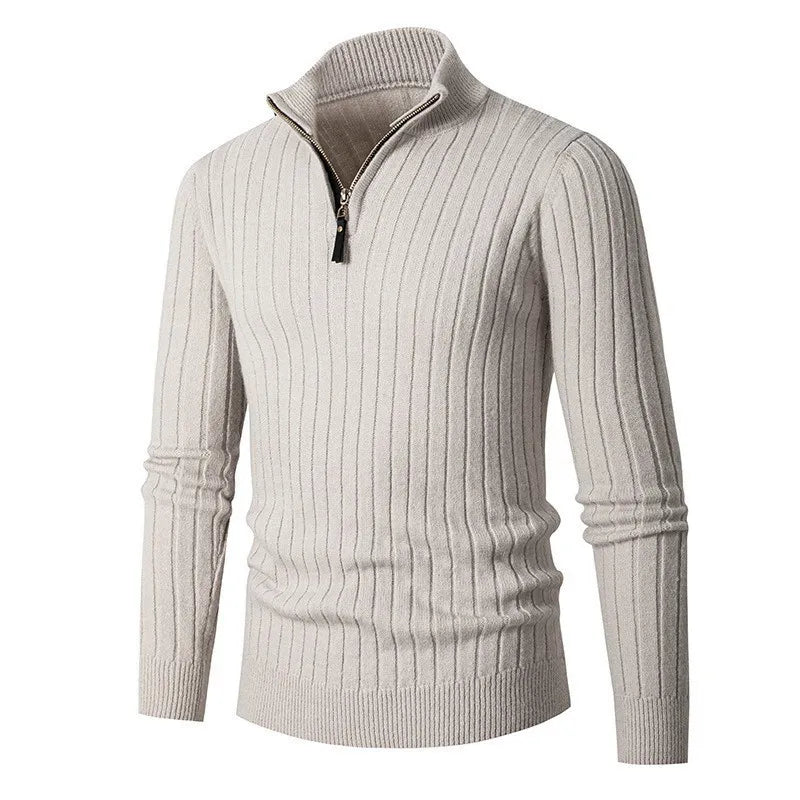Herren Halb-Reißverschluss Strickpullover – Geripptes Oberteil mit Hochkragen