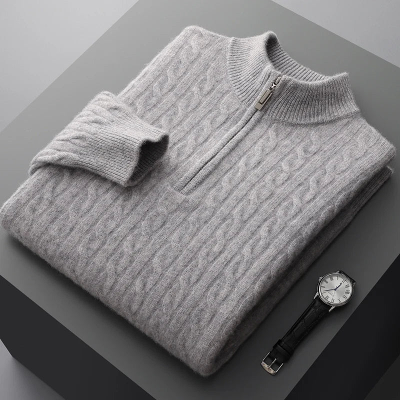 Herren Zopfstrick-Pullover – Viertel-Reißverschluss mit Stehkragen