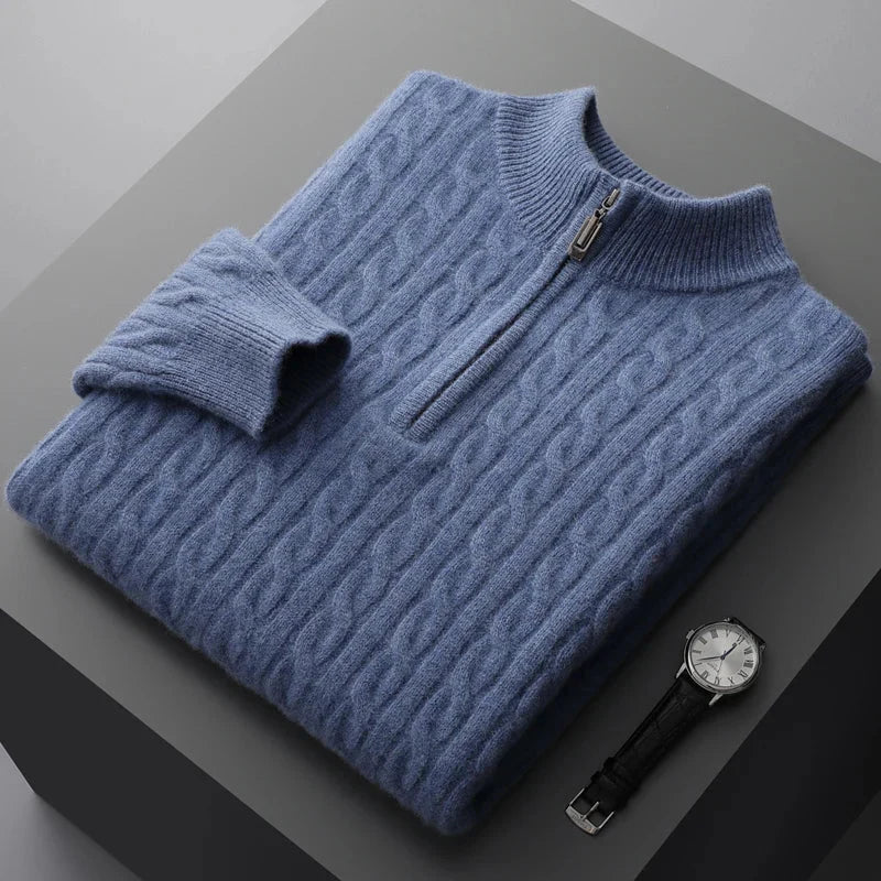 Herren Zopfstrick-Pullover – Viertel-Reißverschluss mit Stehkragen