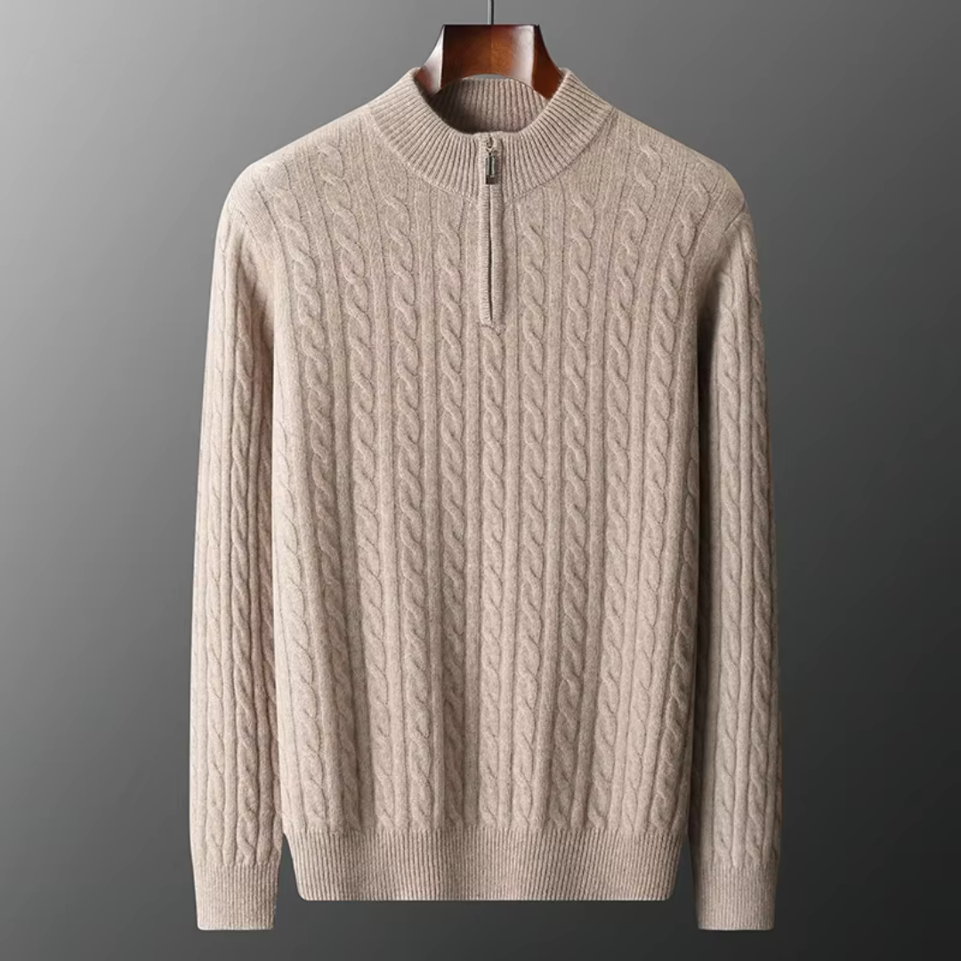 Herren Zopfstrick-Pullover – Viertel-Reißverschluss mit Stehkragen