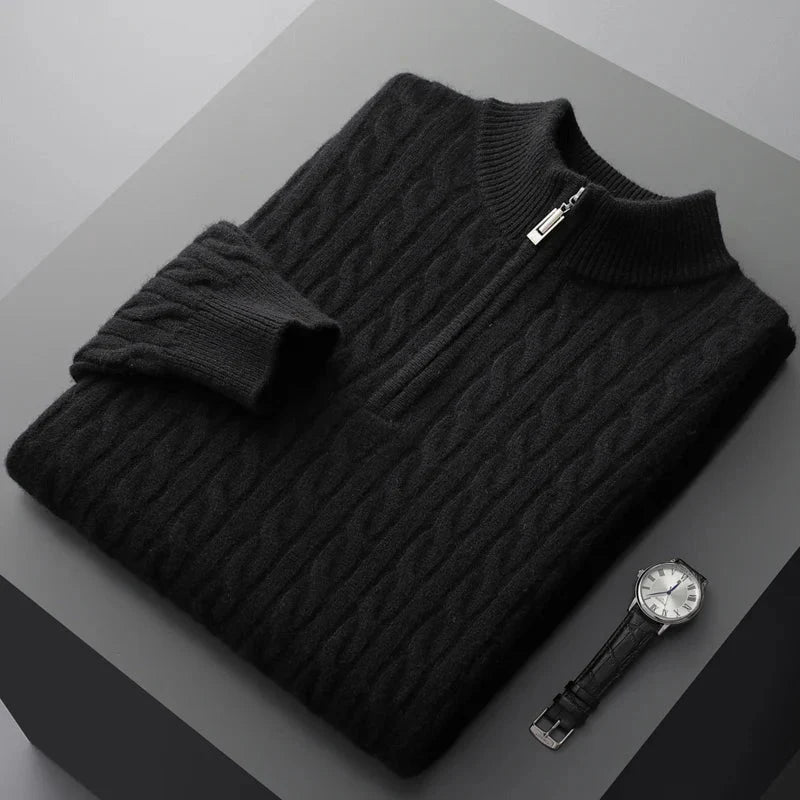 Herren Zopfstrick-Pullover – Viertel-Reißverschluss mit Stehkragen