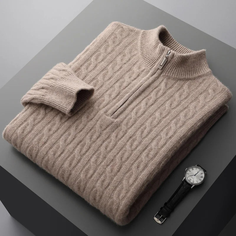 Herren Zopfstrick-Pullover – Viertel-Reißverschluss mit Stehkragen
