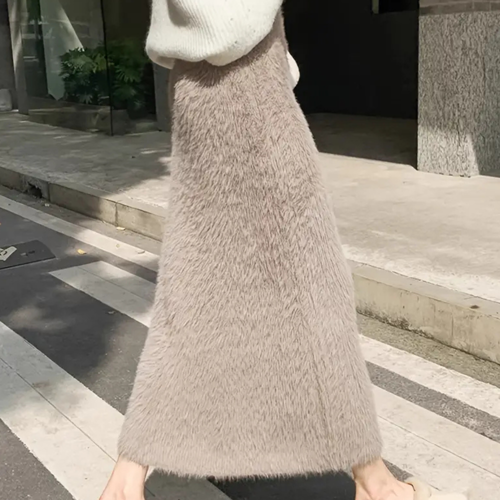 Damen Khakifarbener Flauschiger Rock - Hochtaillierter Midi