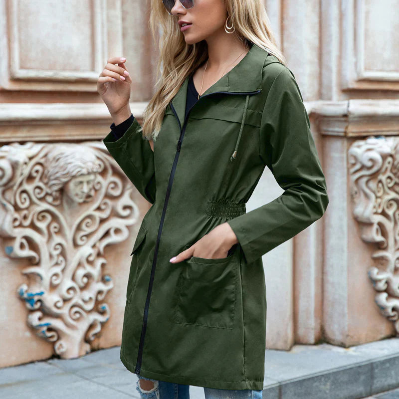 Women's Long Waterproof Jacket - Adjustable Waist Shape