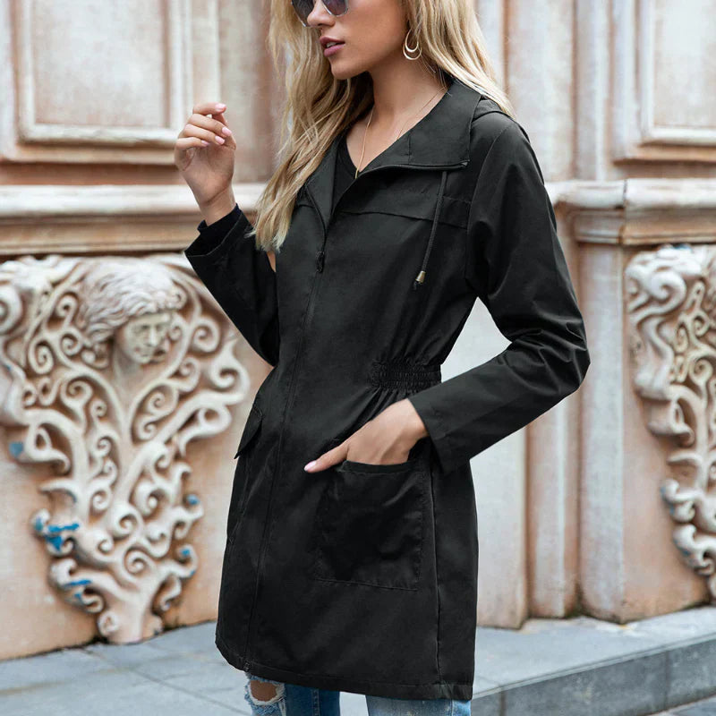 Women's Long Waterproof Jacket - Adjustable Waist Shape
