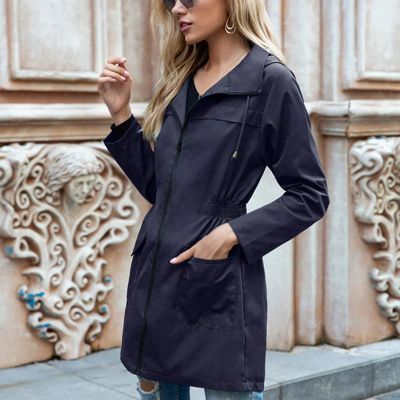Women's Long Waterproof Jacket - Adjustable Waist Shape