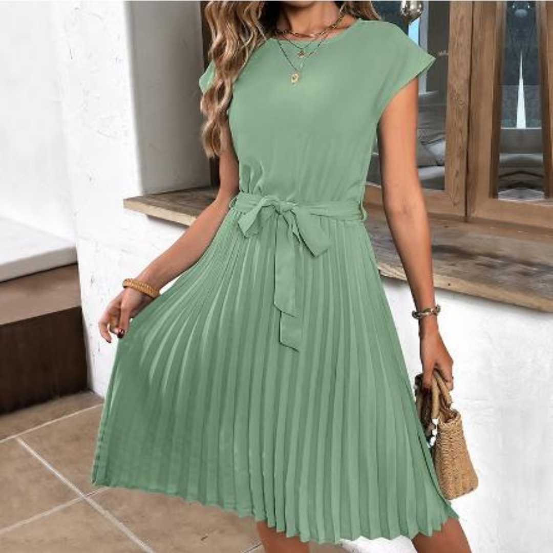 Women's A-Line Midi Dress - Pleated with Tie Waist