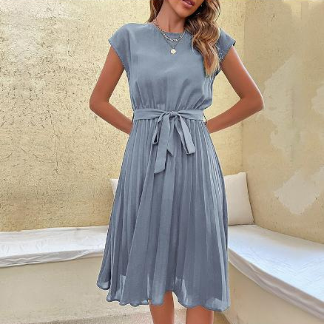 Women's A-Line Midi Dress - Pleated with Tie Waist