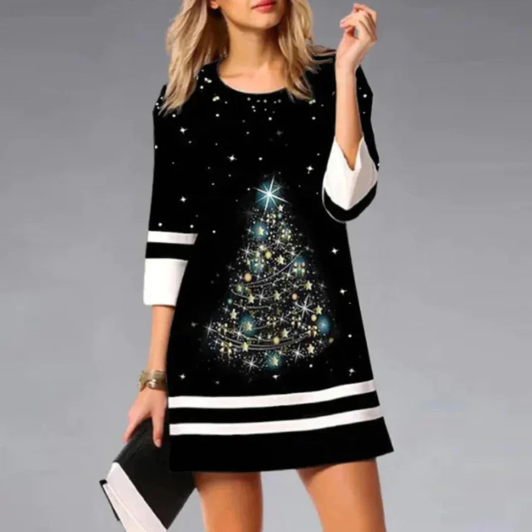 Damen Schwarzes Weihnachts Mini-Kleid - Geripptes Strick mit 3/4 Ärmeln