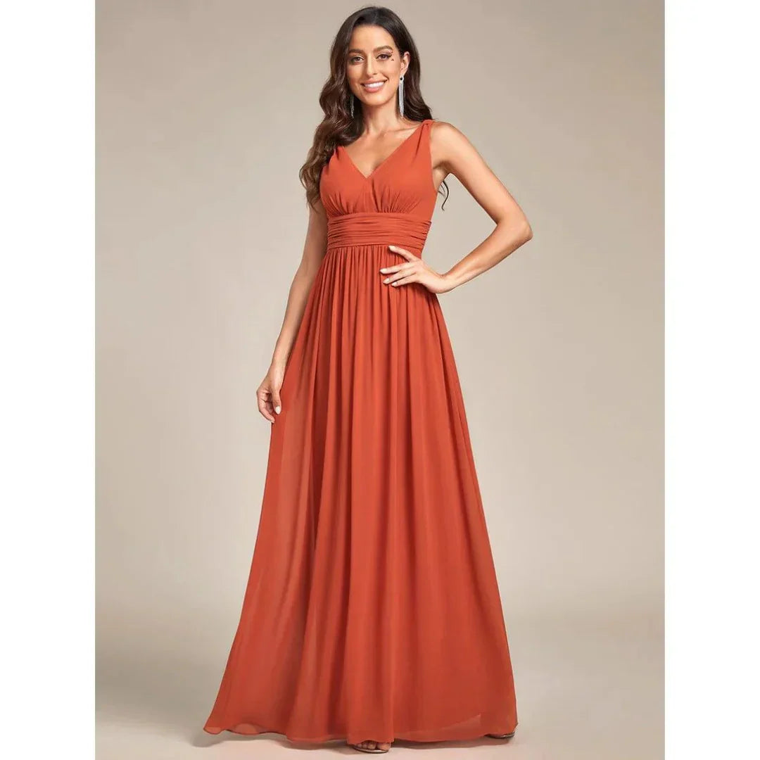 Women's V-Neck Maxi Dress - Sleeveless & Ruched Waist