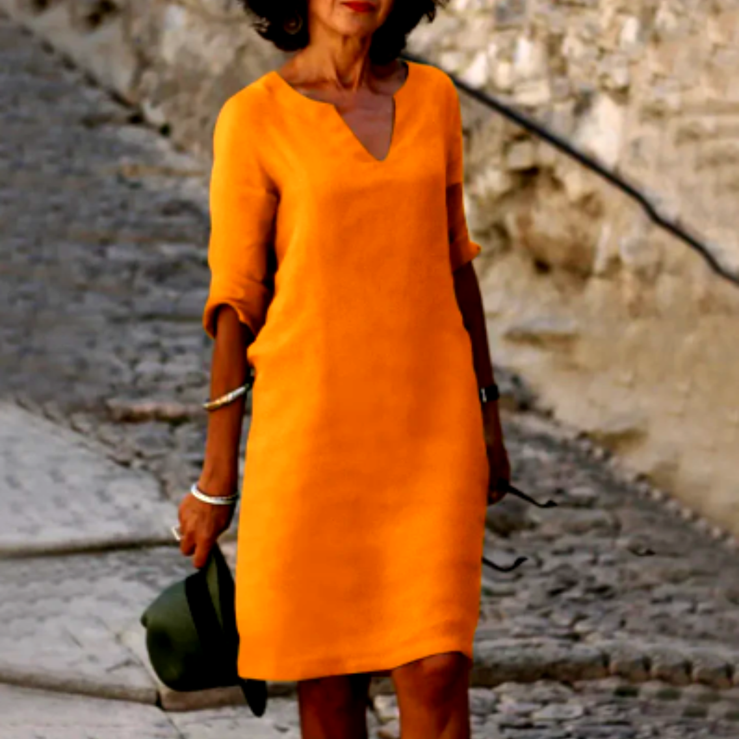 Women's Linen Midi Dress - 3/4 Sleeves & Relaxed Fit