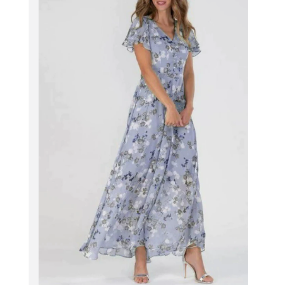 Damen-Blumen-Maxikleid - V-Ausschnitt mit Flatterärmeln