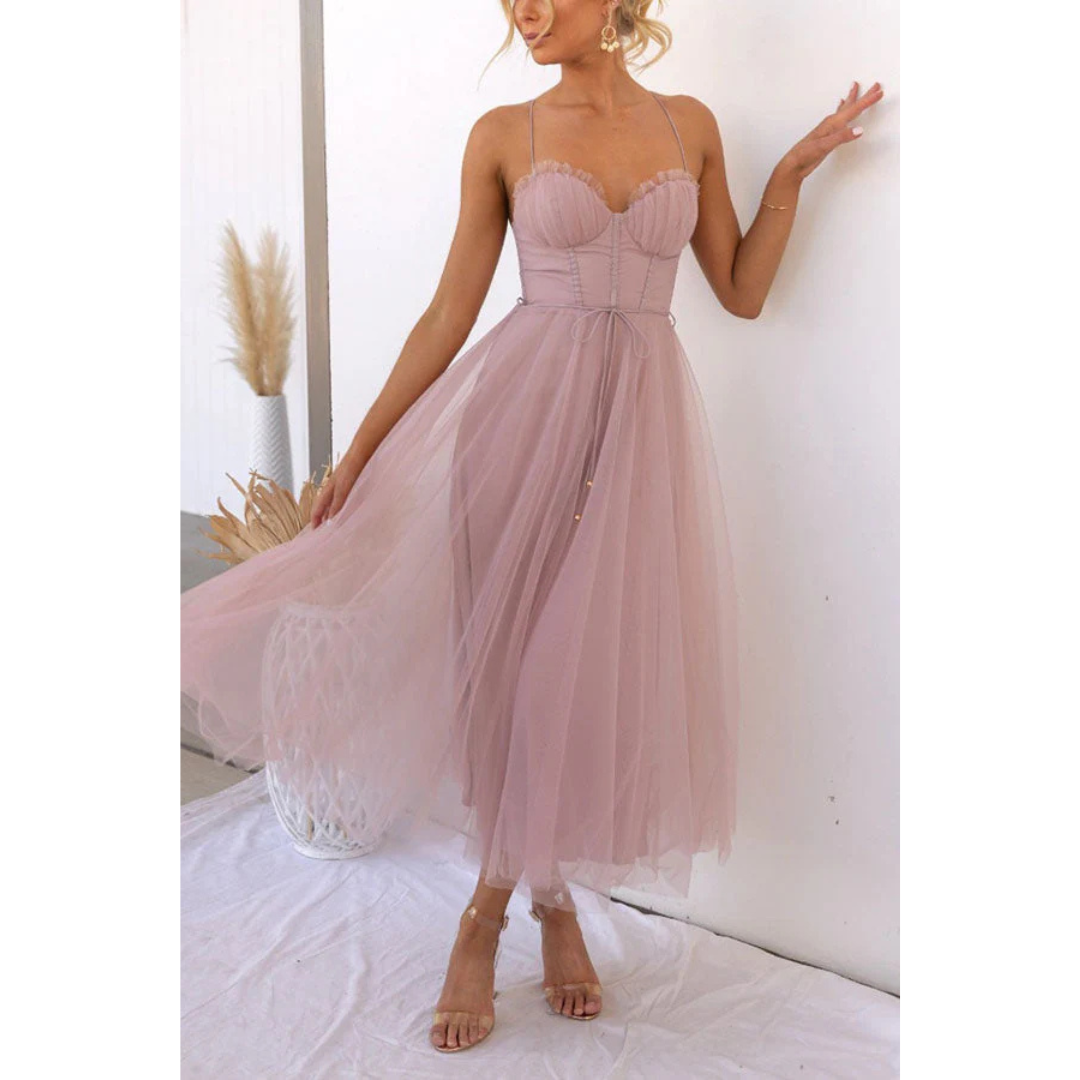 Women's Corset Style Midi Wedding Guest Dress Spaghetti Straps and Tulle Skirt