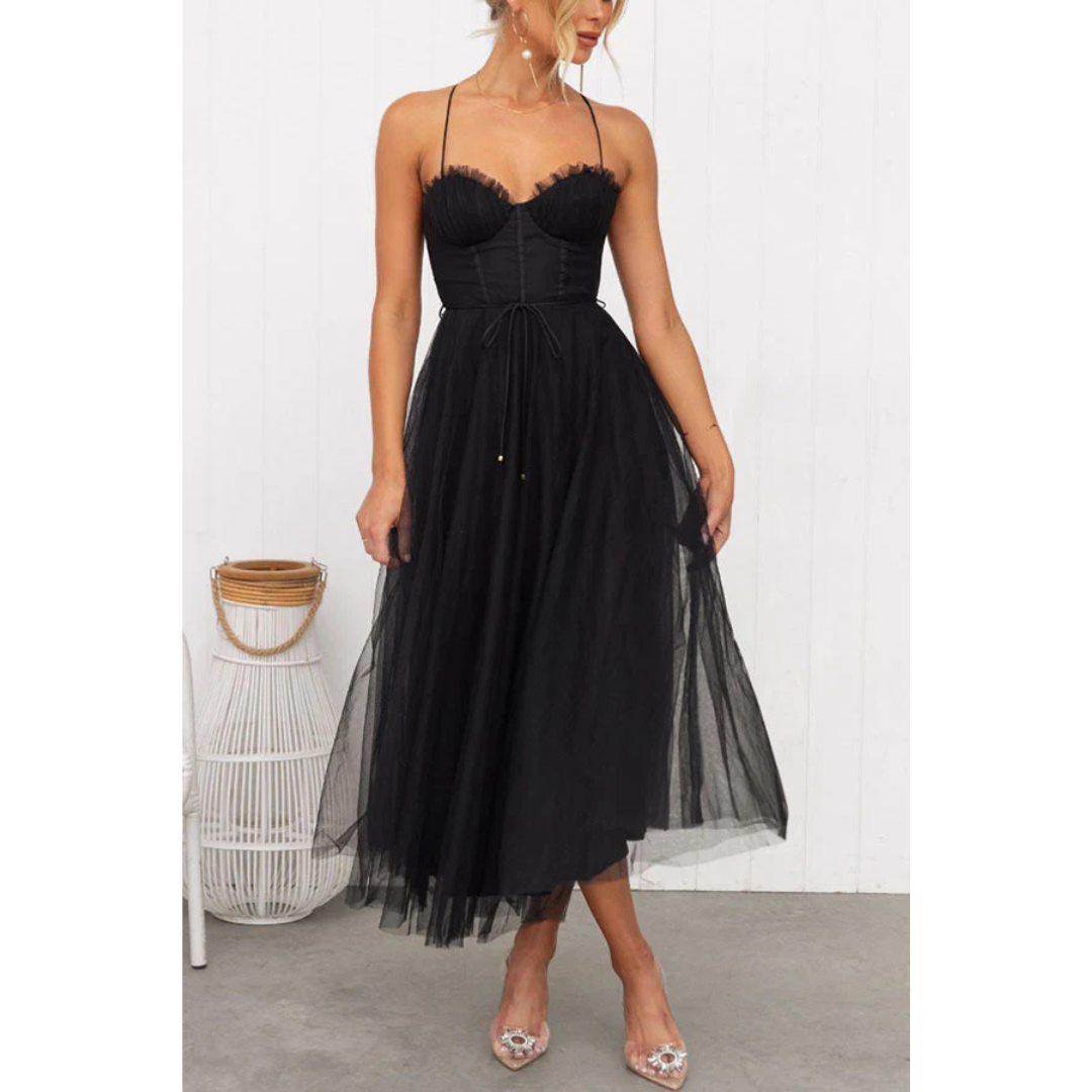 Women's Corset Style Midi Wedding Guest Dress Spaghetti Straps and Tulle Skirt