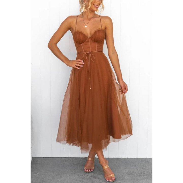 Women's Corset Style Midi Wedding Guest Dress Spaghetti Straps and Tulle Skirt