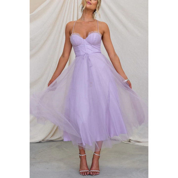 Women's Corset Style Midi Wedding Guest Dress Spaghetti Straps and Tulle Skirt