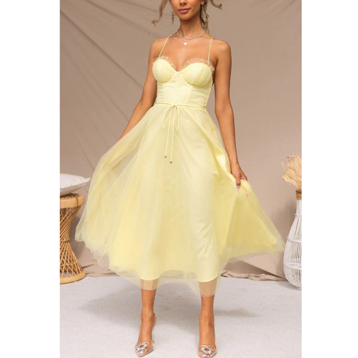 Women's Corset Style Midi Wedding Guest Dress Spaghetti Straps and Tulle Skirt