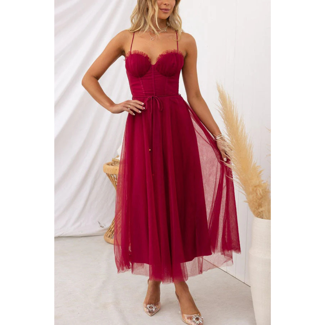 Women's Corset Style Midi Wedding Guest Dress Spaghetti Straps and Tulle Skirt