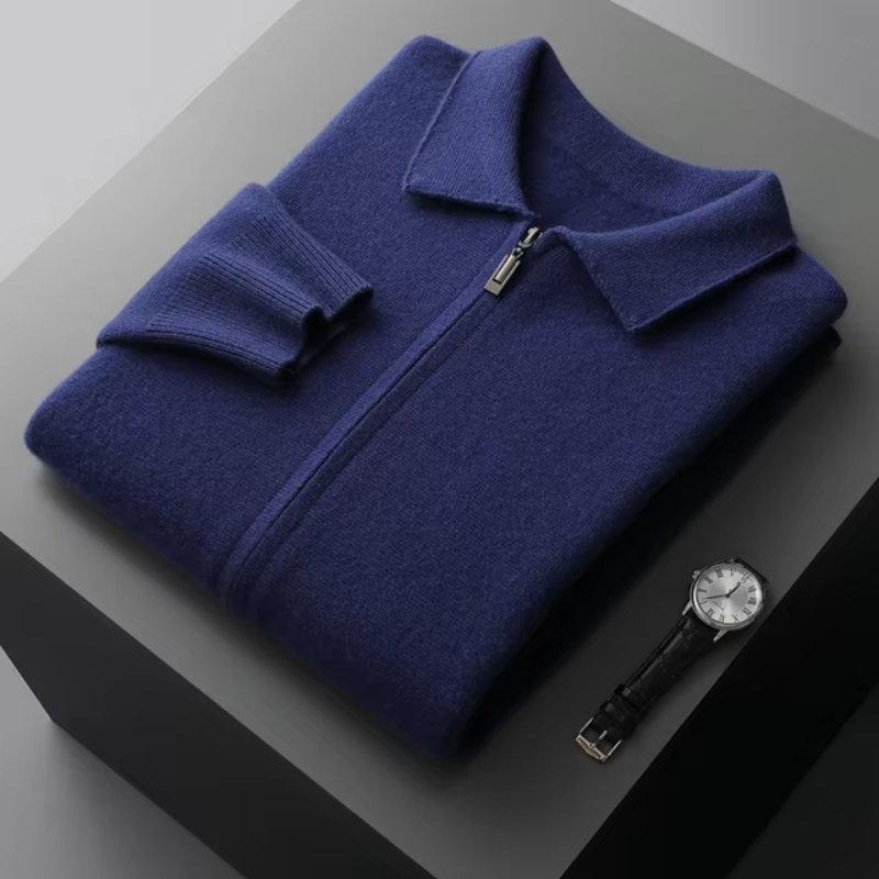Herren Fein Gestrickter Polo-Cardigan – Maßgeschneiderte Passform & Reißverschluss