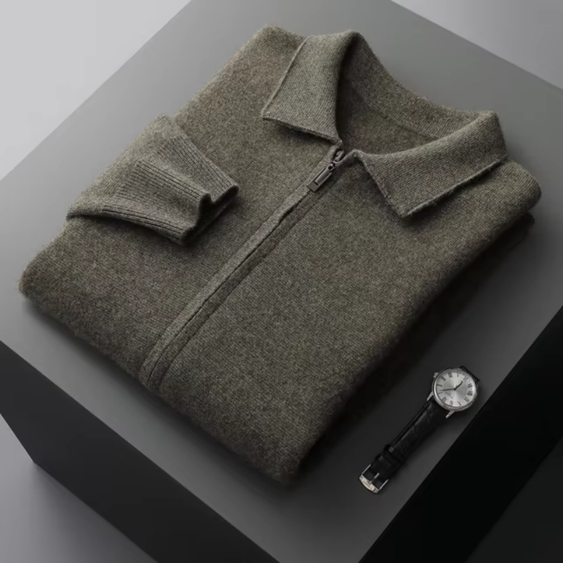Herren Fein Gestrickter Polo-Cardigan – Maßgeschneiderte Passform & Reißverschluss