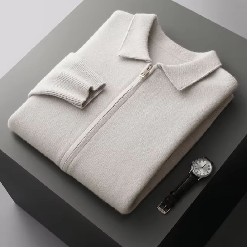 Herren Fein Gestrickter Polo-Cardigan – Maßgeschneiderte Passform & Reißverschluss