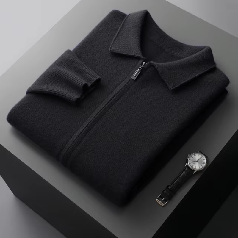 Herren Fein Gestrickter Polo-Cardigan – Maßgeschneiderte Passform & Reißverschluss