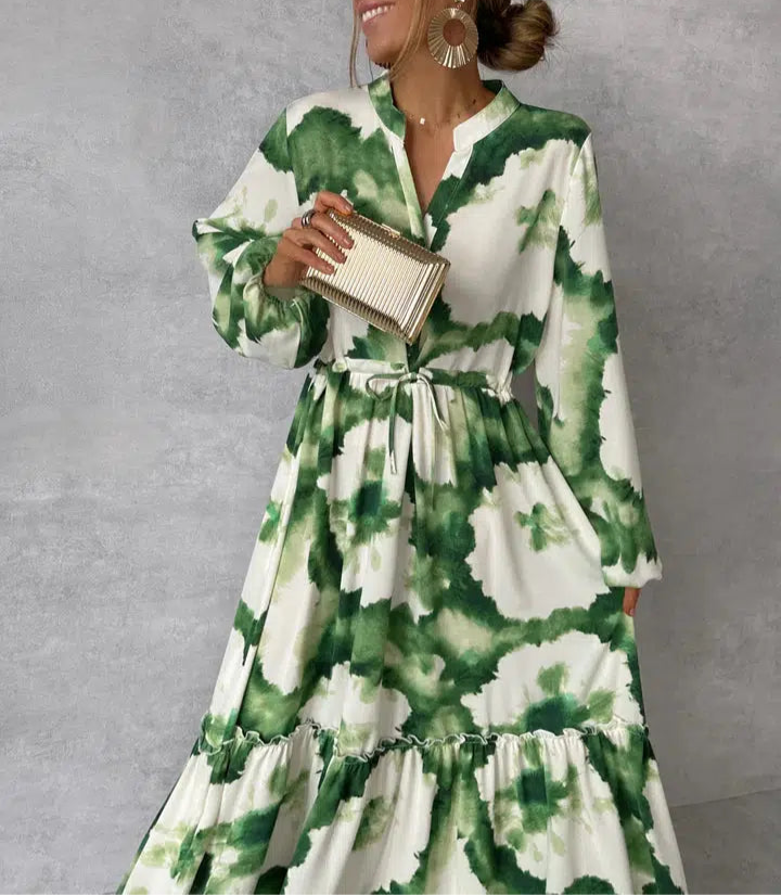 Stylish Green V-Neck Long Sleeve Dress for Women