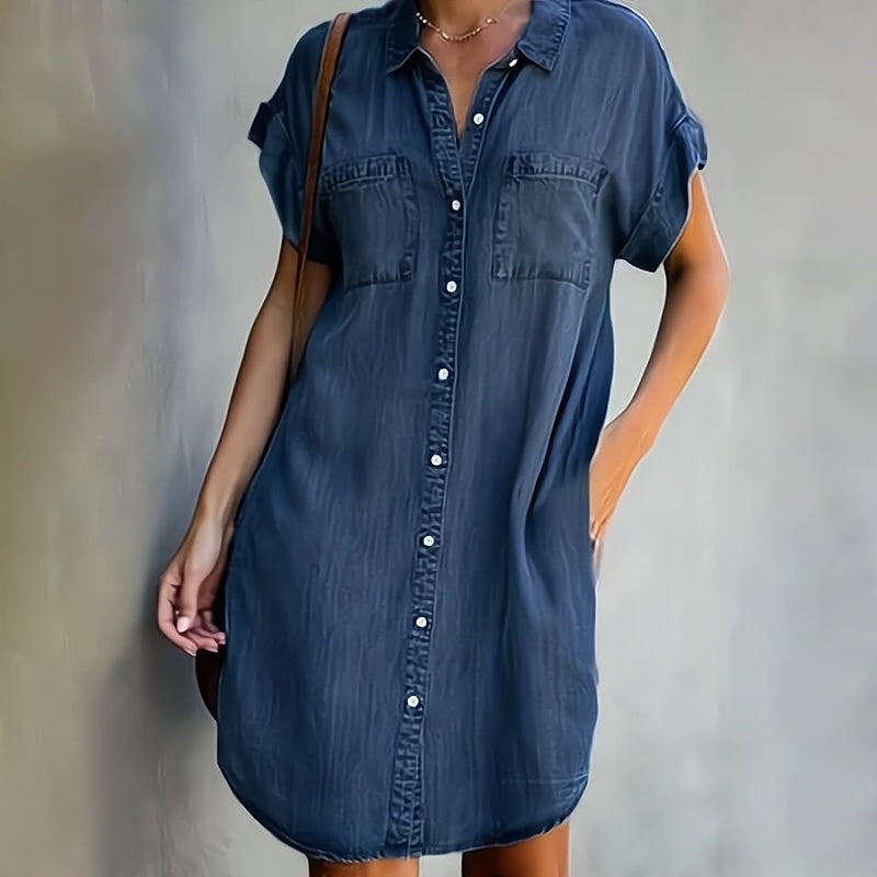 Women's Denim Mini Dress - Button Placket with Short Sleeves