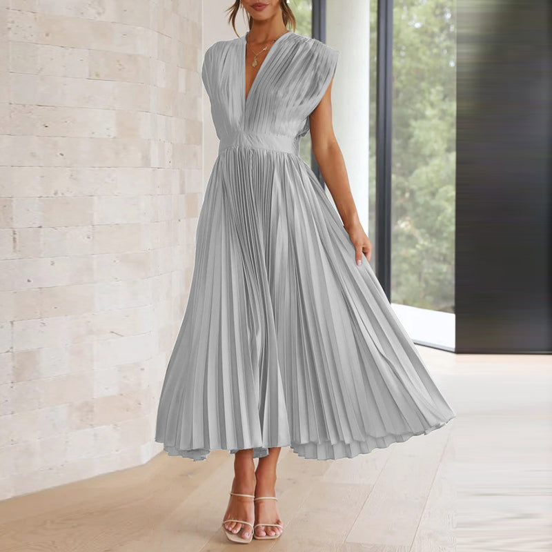 Women's Pleated Midi Dress - High Waist with Deep V-Neck