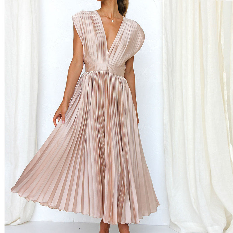 Women's Pleated Midi Dress - High Waist with Deep V-Neck