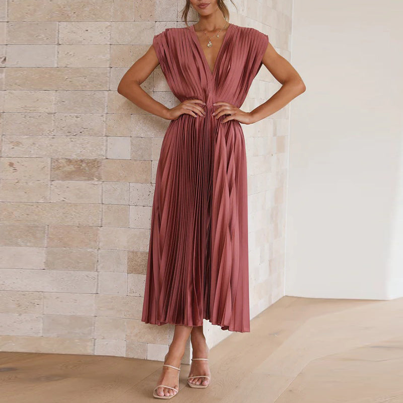 Women's Pleated Midi Dress - High Waist with Deep V-Neck
