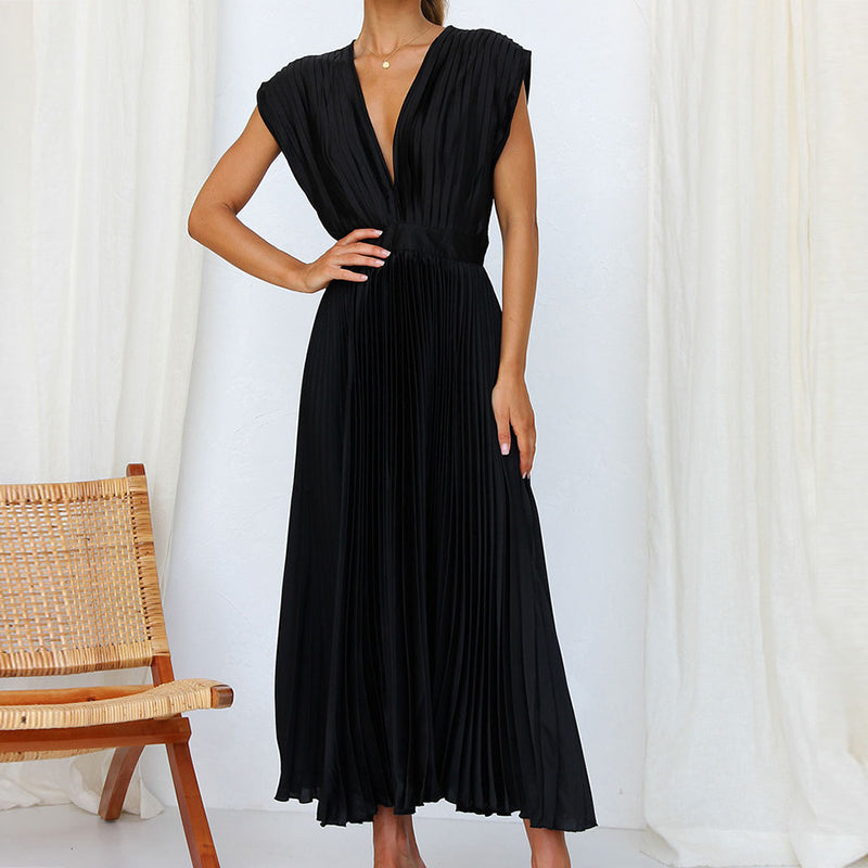 Women's Pleated Midi Dress - High Waist with Deep V-Neck