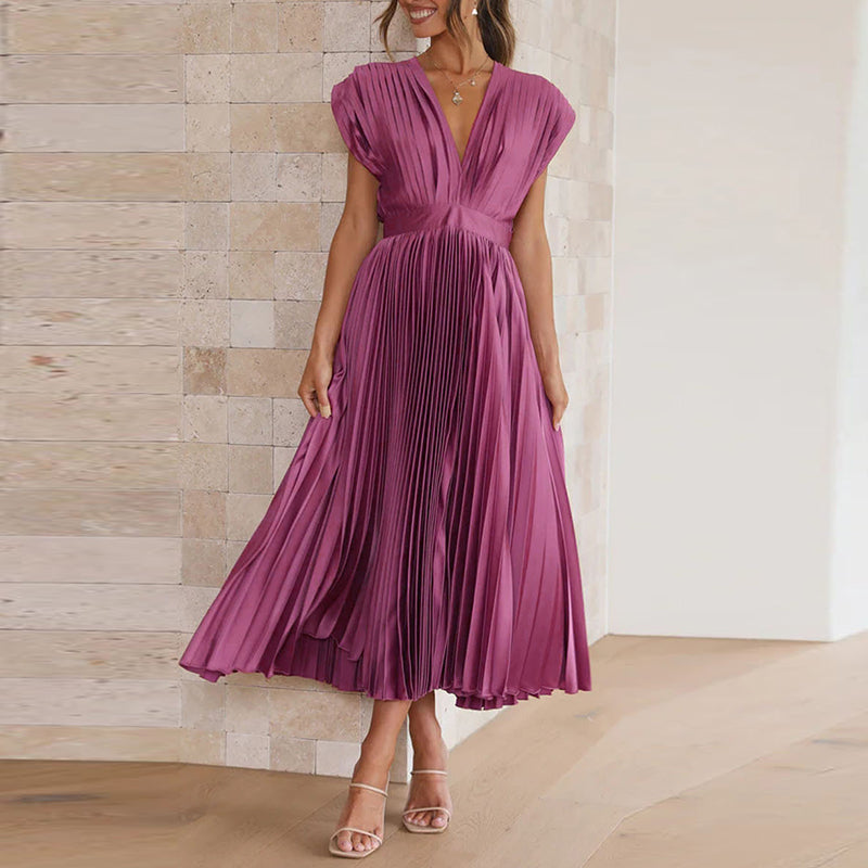 Women's Pleated Midi Dress - High Waist with Deep V-Neck