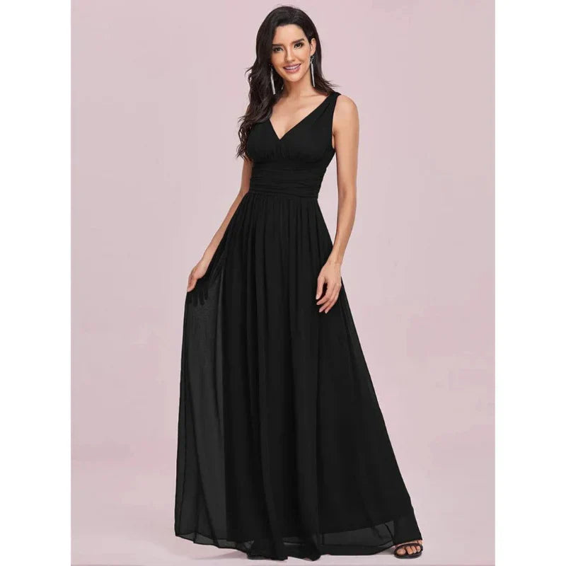 Women's V-Neck Maxi Dress - Sleeveless & Ruched Waist