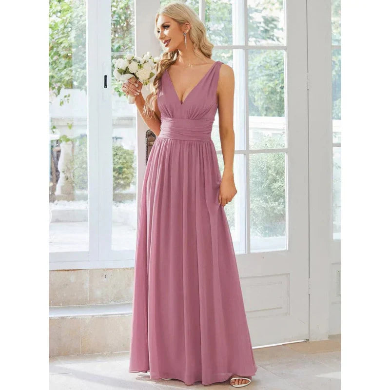 Women's V-Neck Maxi Dress - Sleeveless & Ruched Waist