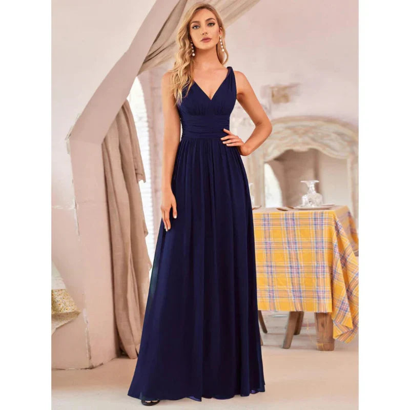 Women's V-Neck Maxi Dress - Sleeveless & Ruched Waist