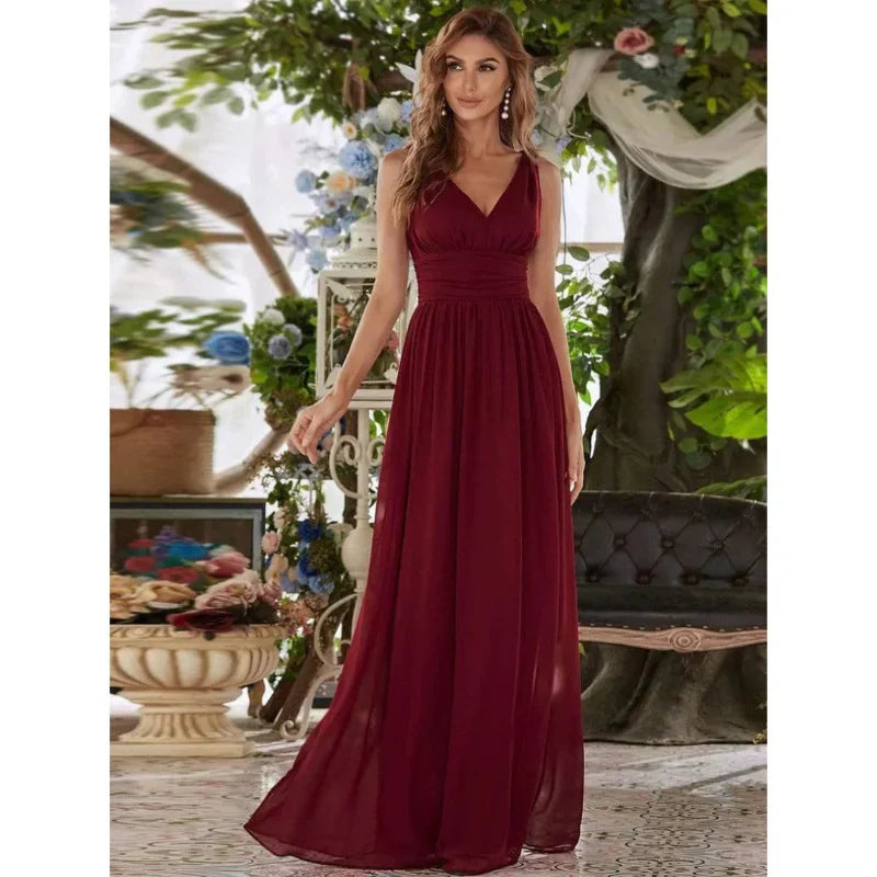 Women's V-Neck Maxi Dress - Sleeveless & Ruched Waist