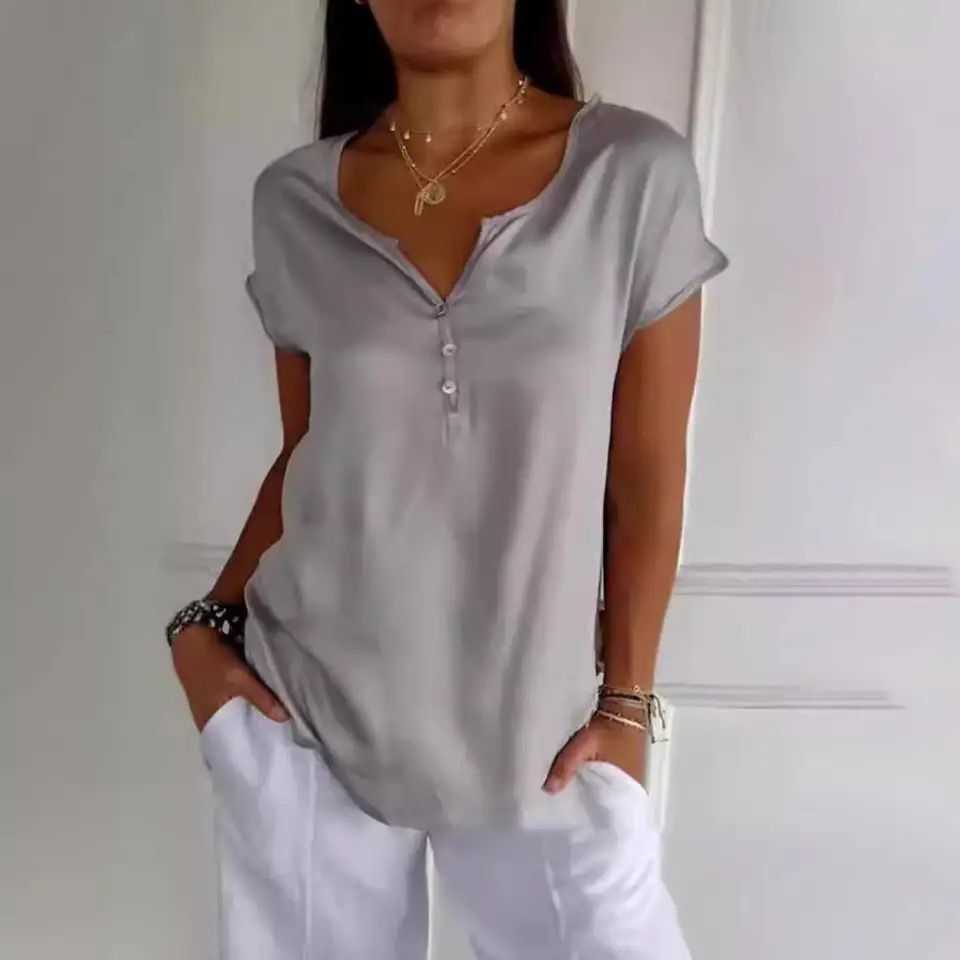 Damen Relaxed-Fit-Oberteil - Henley-Ausschnitt mit Kurzarm