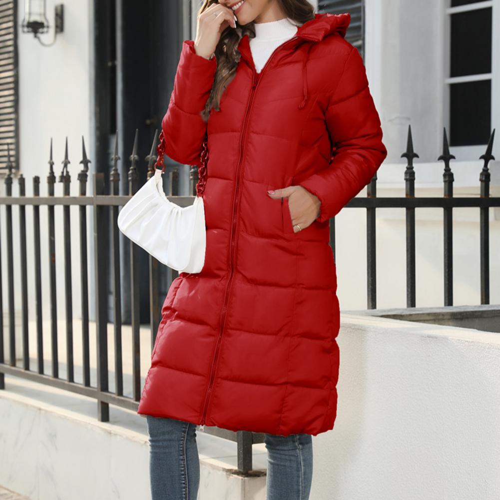 Women's Long Quilted Coat - With Hood and Zipper