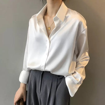 Damen Satin-Bluse - Langarm & Knopfleiste