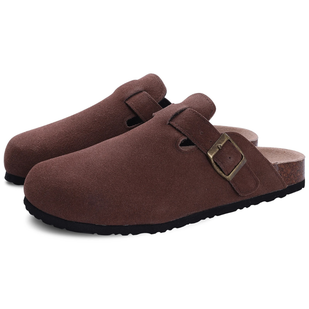 Damen Suede Clogs - Slip-On mit Schnallenriemen