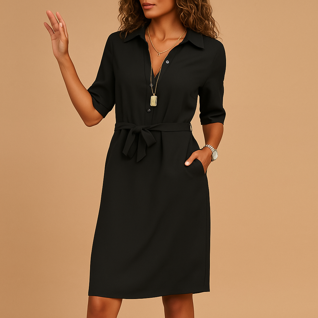 Damen Midikleid mit 3/4-Arm - Bindegürtel & Taschen